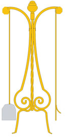Yellow and grey drawing of fireplace tools. Clicking leads to a products gallery.