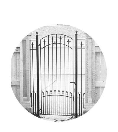 White box with a silhouette of a iron gate, with the word Gates written above it.
