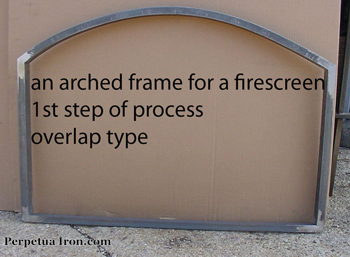  View of a firpelace screen in process showing an arched top frame. 1st step of process in building an overlap type frame.