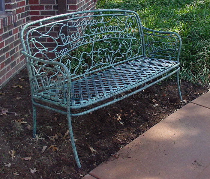 Custom bench as a memorial, birds and twigs design green copper patina.