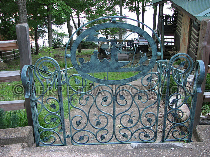Wrought iron garden gate, hand forged vines.