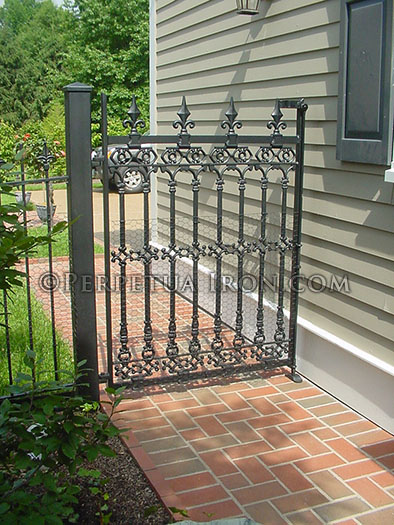 ornamental iron garden gate, self latching, antique cast iron components