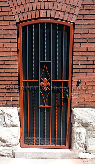 Custom iron security door with fleur de lis motif.