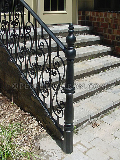 Exterior wrought iron railing, S design, cast iron post.
